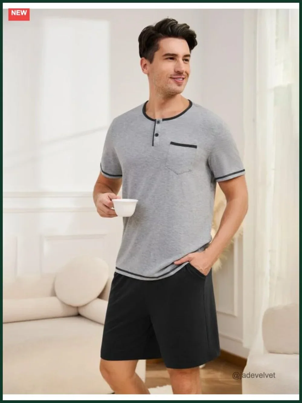 Men's Cotton Pajama Set Short Sleeve Henley Pjs Summer Sleepwear with Pockets